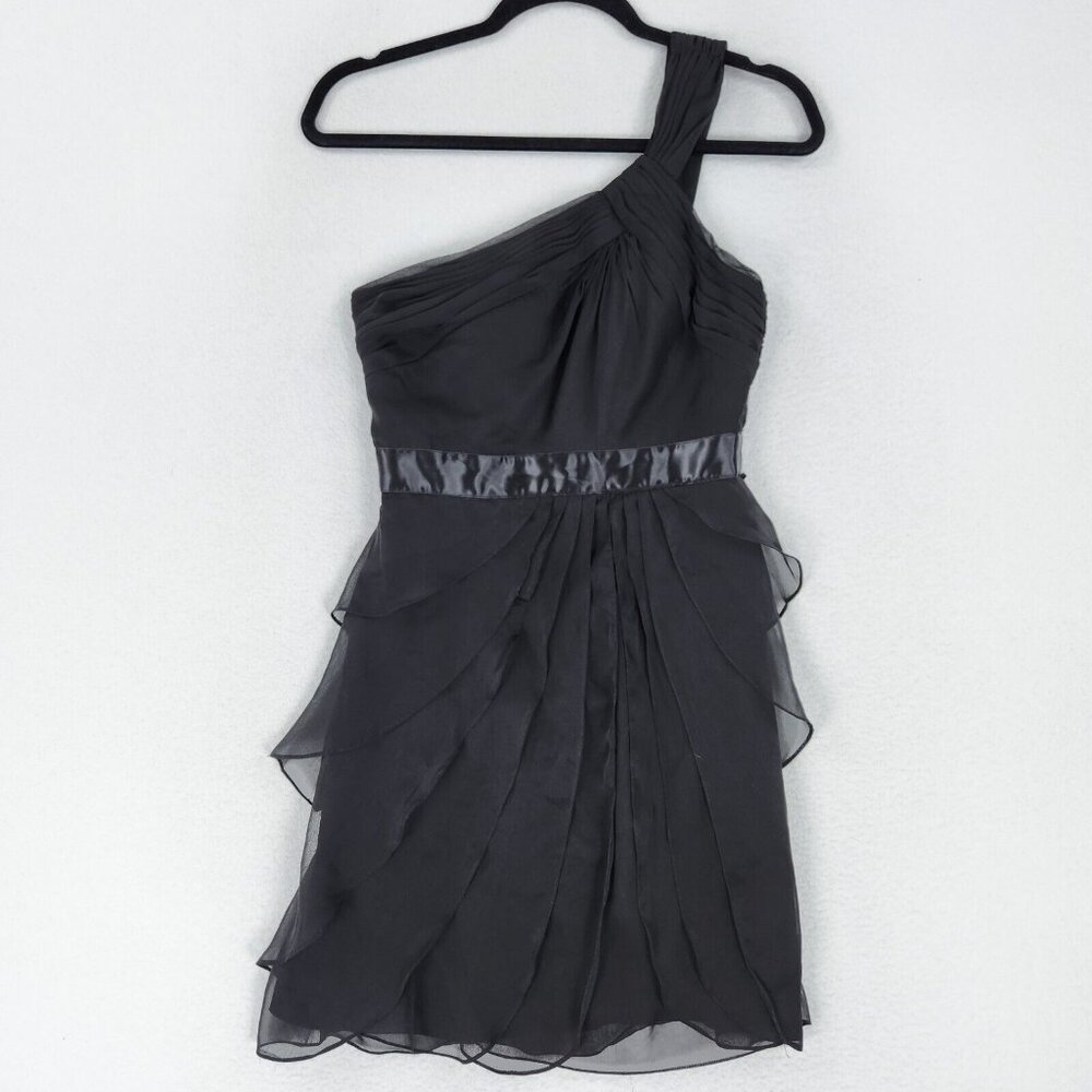 Adrianna Papell Dress Womens 2 Black One Shoulder Chiffon Ruffle Formal Evening